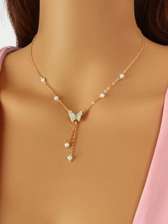 French Minimalist Butterfly Pearl Necklace