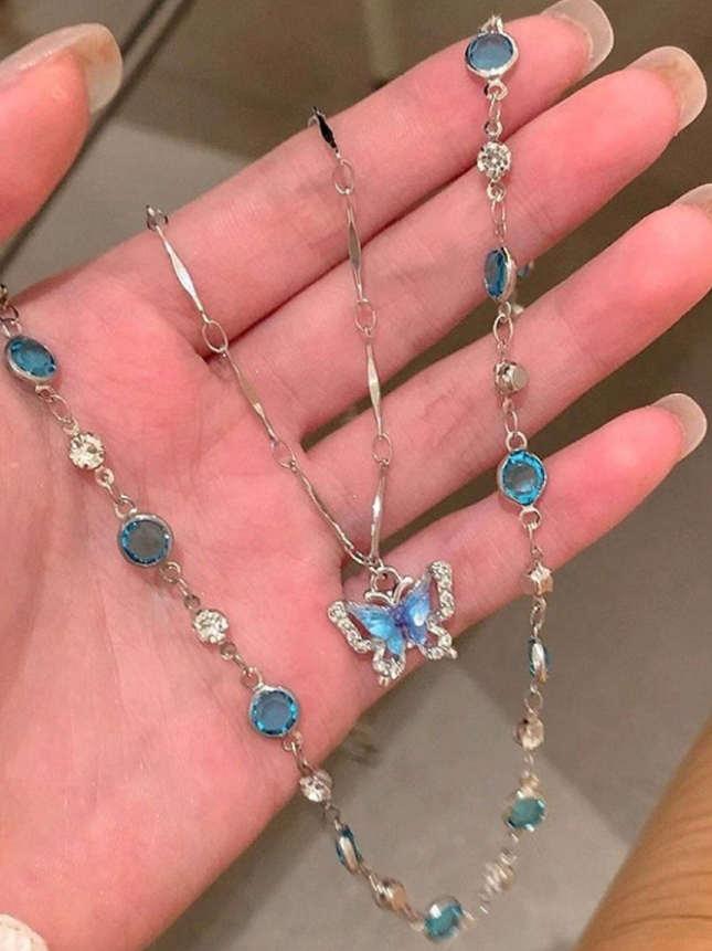 2pcs Blue Crystal Butterfly Necklace Set