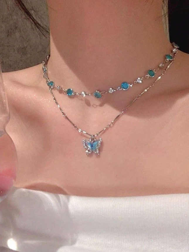 2pcs Blue Crystal Butterfly Necklace Set